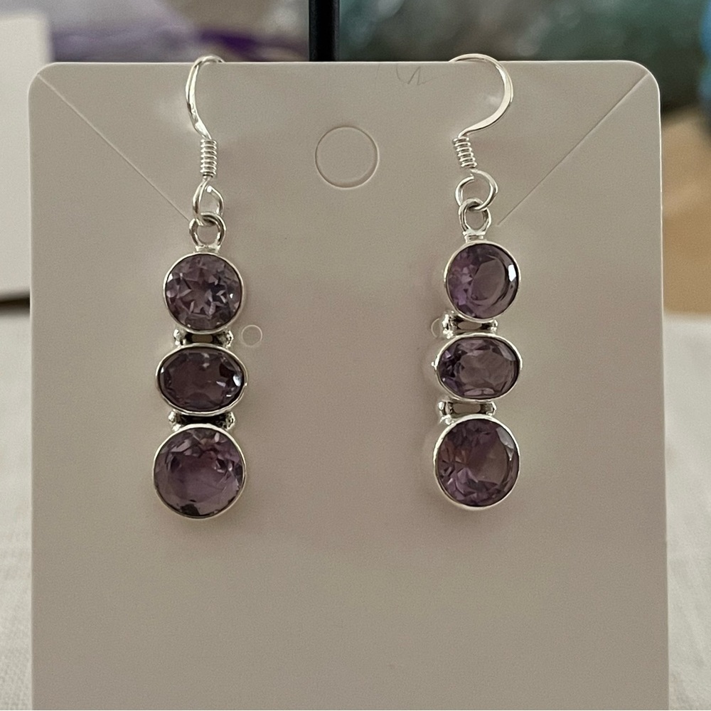 Sterling Silver Purple Stone Drop Earrings | 3 Stone Dangle | Amethyst Look